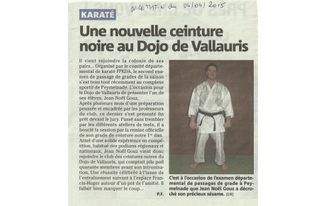 KARATE : Jean Noel Gouz ceinture noire 1er Dan a les honneurs de la presse
