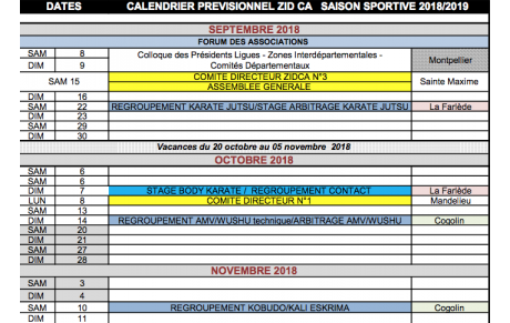Calendrier FFKDA Prévisionnel